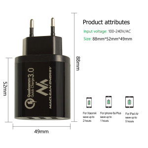 Maclean Energy nabíjačka QC 3.0  MCE479 B - čierna Qualcomm Quick Charge 3,6-6V / 3A, 6-9V / 2A, 9-12V / 1,5A